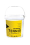 The Dunlop Training Tennis Ball Bucket - 60 Balls features a white plastic bucket with a handle and includes premium training tennis balls. The design is marked by a yellow label displaying a striking black eye graphic, along with ATP and Australian Open logos, indicating their pressureless construction for enhanced durability.
