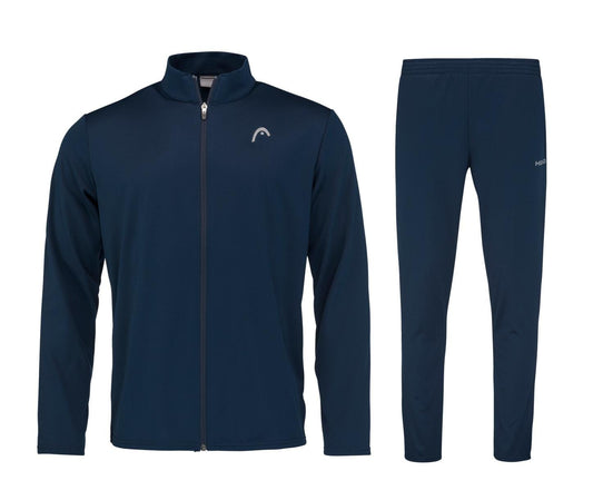 The HEAD Club Men's Easy Court Tracksuit in dark blue is showcased on a white background, highlighting its zip-up jacket with a standing collar and matching pants. Made from moisture transfer microfiber, the tracksuit features a discreet logo on both the chest and thigh, perfect for sports or casual occasions.