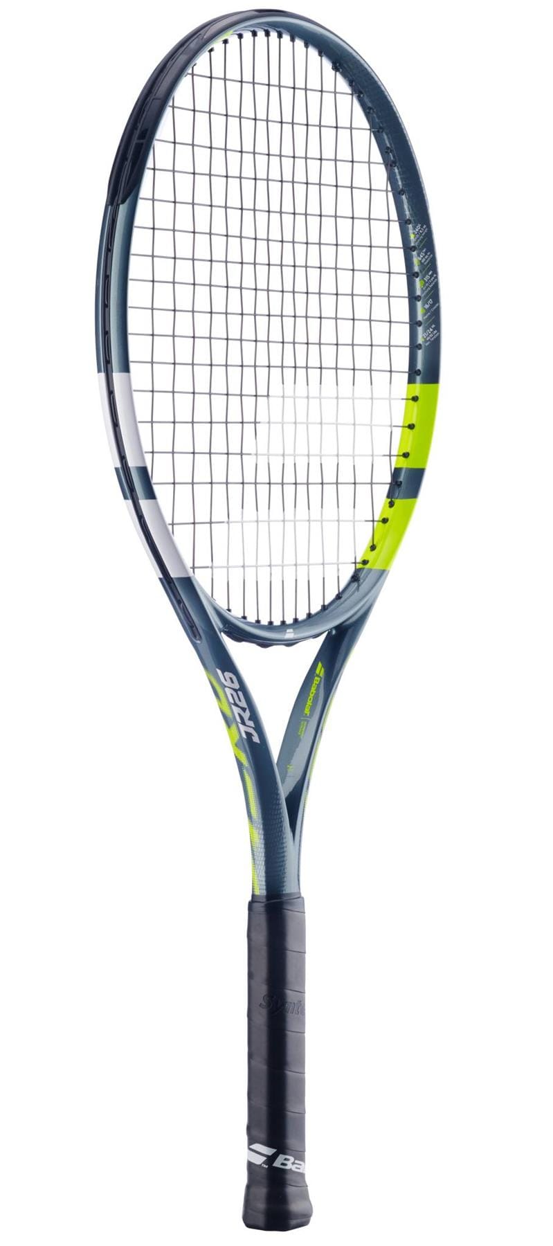 The Babolat Aero Junior 26 Tennis Racket 2026 by Babolat features a graphite composite build, black grip, gray and blue frame, and neon yellow accents, shown against a white background.