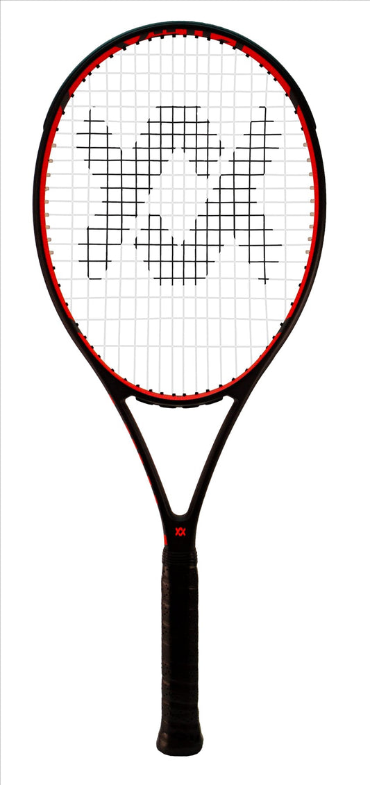 The Volkl V-Cell 8 300g Tennis Racket features a predominantly black frame with elegant red accents, showcasing a white stringed face adorned with an eye-catching large "X" pattern. This advanced racket incorporates the innovative V-Cell technology to deliver exceptional performance on the court.