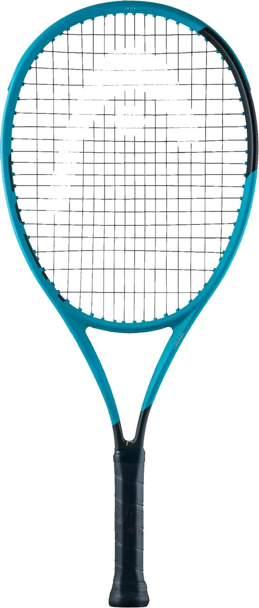 The HEAD Boom Jr 25 2026 Junior Tennis Racket, in blue and black with black strings and grip, stands upright against a white background and features advanced Hy-Bor technology for young players.