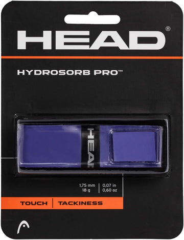 The HEAD HydroSorb Pro Replacement Tennis Grip - Purple, by HEAD, comes in black and orange packaging highlighting touch and tackiness features, making it ideal for refreshing your tennis racket grip.