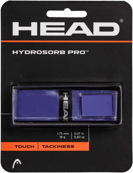 The HEAD HydroSorb Pro Replacement Tennis Grip - Purple, by HEAD, comes in black and orange packaging highlighting touch and tackiness features, making it ideal for refreshing your tennis racket grip.