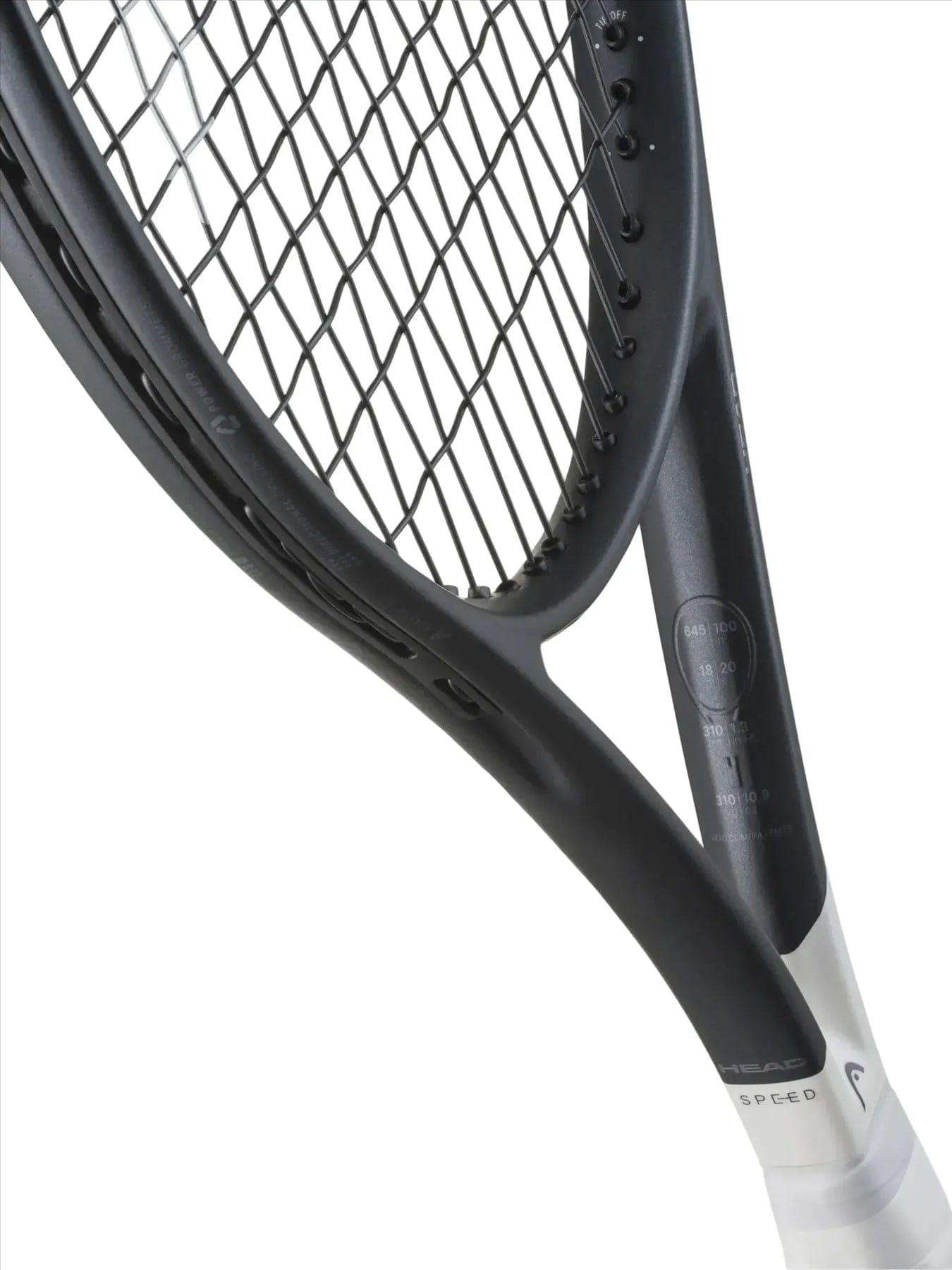 Close-up of the HEAD Speed Pro 2026 Tennis Racket by HEAD in black and white, highlighting the precision strings and part of the frame with printed specs visible inside.