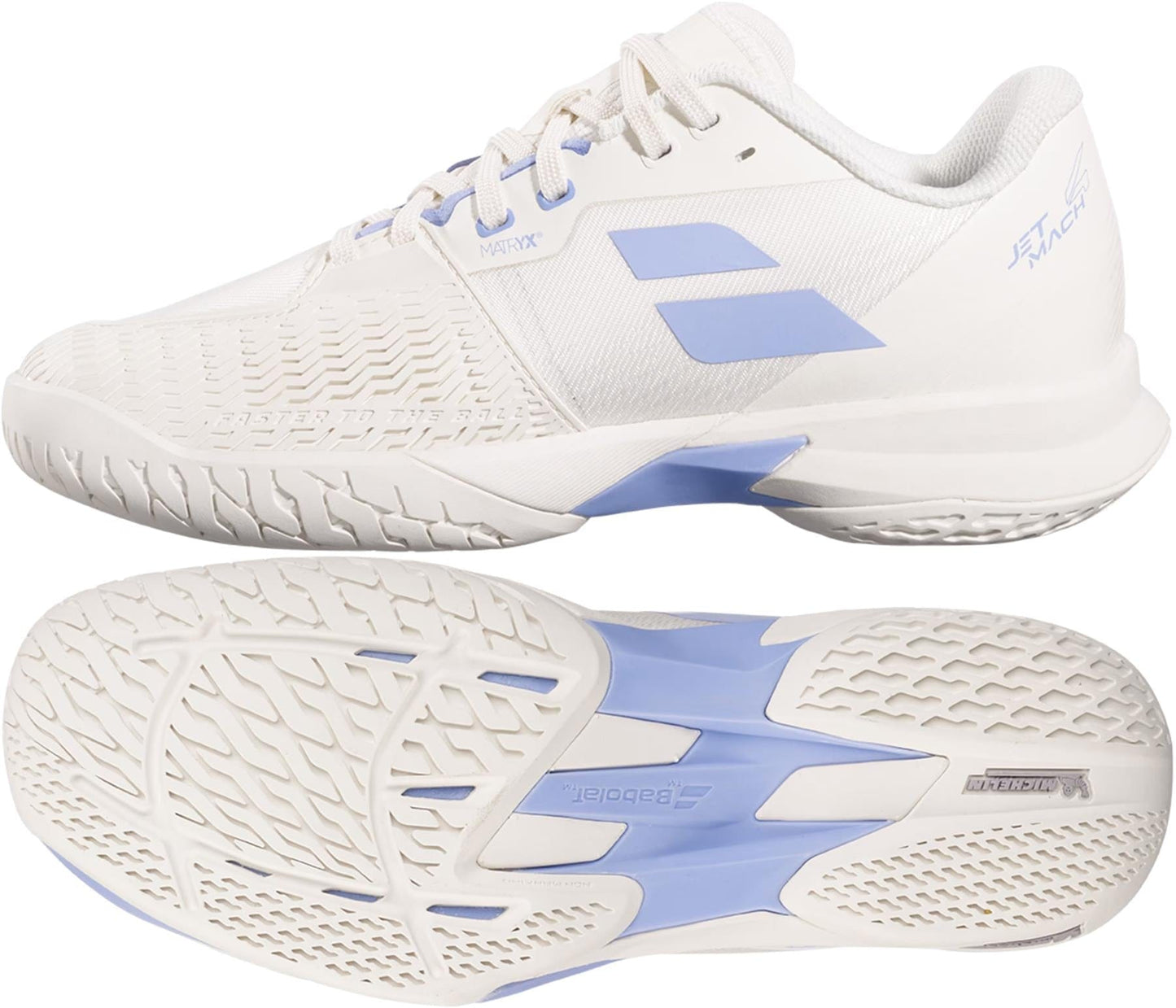 A pair of Babolat Jet Mach 4 All Court Women's Tennis Shoes in lavender and white, shown from the side and bottom to highlight the textured sole pattern and brand logo, designed for agility on the court.
