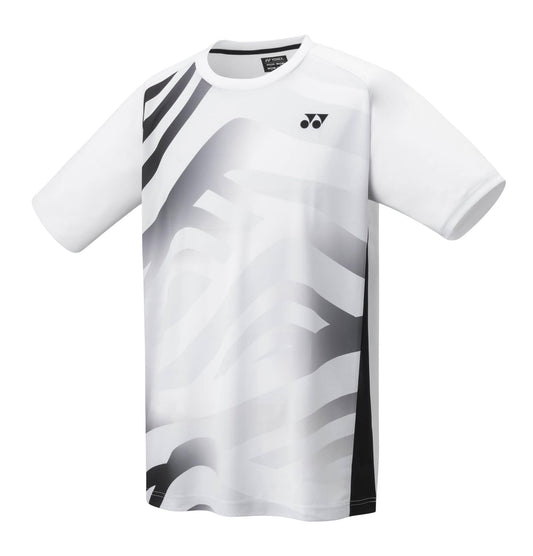 The Yonex 16692EX Men's Tennis T-Shirt in white is a short-sleeve sports top designed with an abstract black and white pattern featuring wavy lines. Its sweat-absorbent, quick-drying fabric provides comfort, while UV reduction delivers added protection. A small logo on the left chest adds a modern flair.