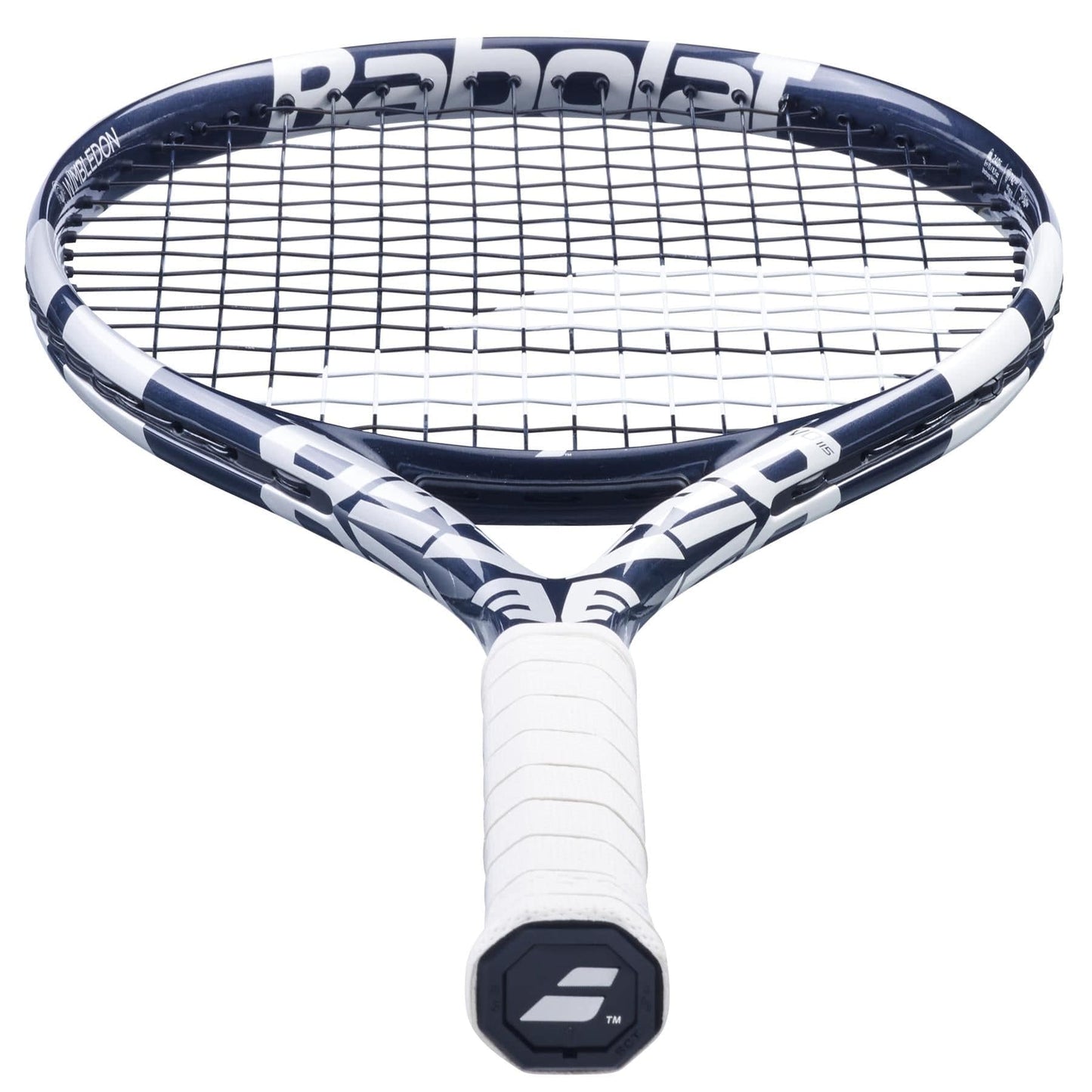 Close-up of the Babolat Evo Drive 115 Wimbledon Tennis Racket in a blue design. The grip is wrapped in white, and the strings are tightly woven. The Babolat logo, indicating its Wimbledon edition, is visible near the top of the frame.