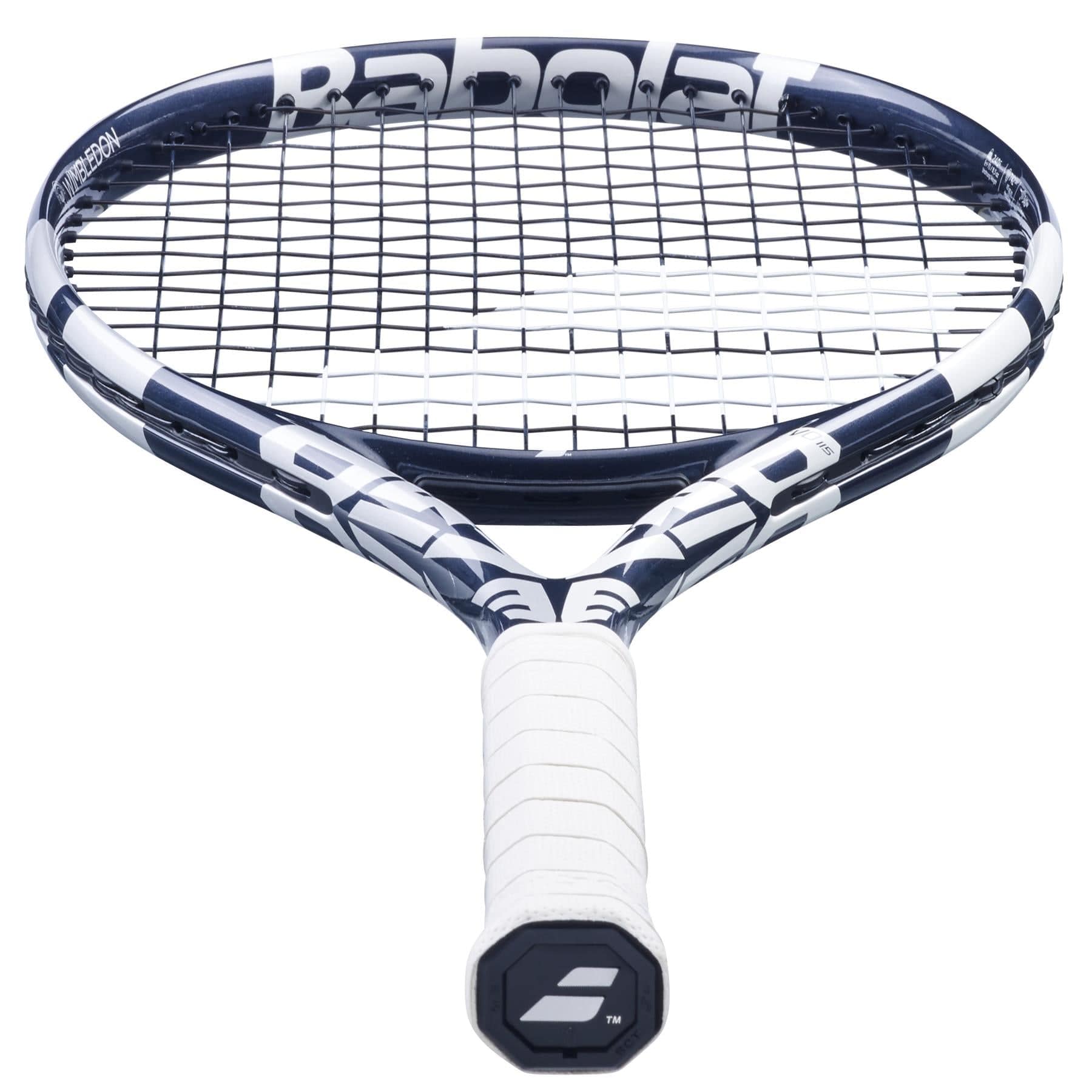 Close-up of the Babolat Evo Drive 115 Wimbledon Tennis Racket in a blue design. The grip is wrapped in white, and the strings are tightly woven. The Babolat logo, indicating its Wimbledon edition, is visible near the top of the frame.