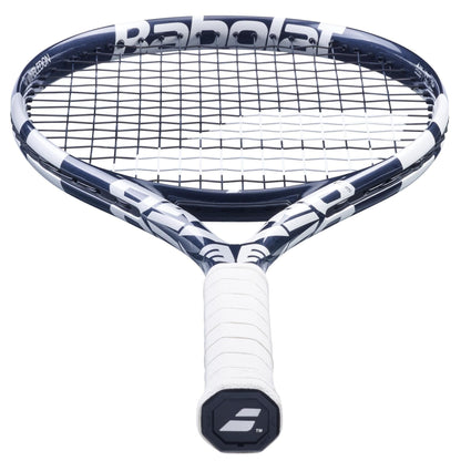Close-up of the Babolat Evo Drive 115 Wimbledon Tennis Racket in a blue design. The grip is wrapped in white, and the strings are tightly woven. The Babolat logo, indicating its Wimbledon edition, is visible near the top of the frame.