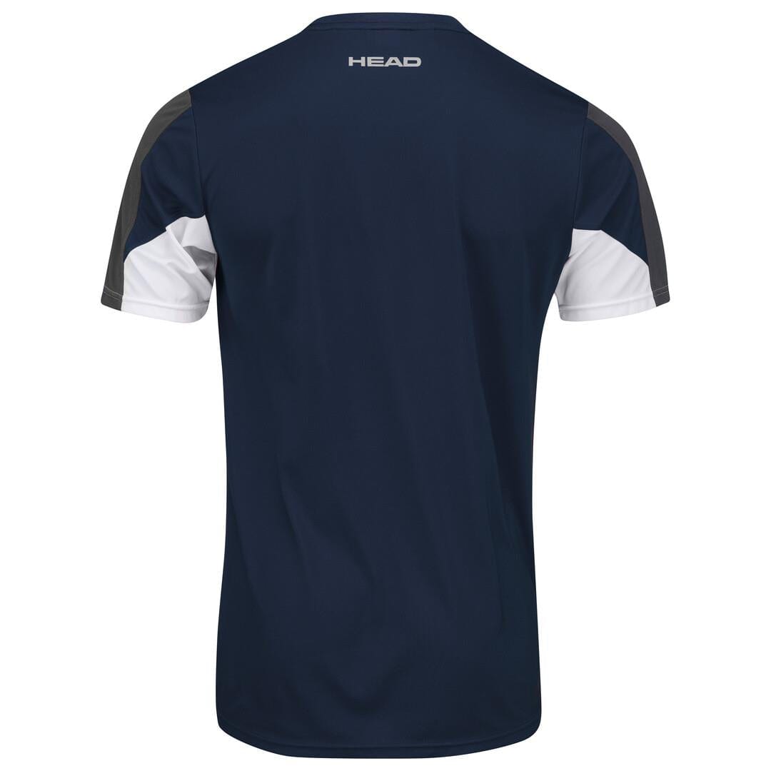 The HEAD Club 22 Men's Tech Tennis T-Shirt in dark blue highlights the brand's name in modest white lettering near the neckline. Made with moisture-wicking technology and Moisture Transfer Microfiber, it boasts sleeves adorned with chic white and dark gray accents.