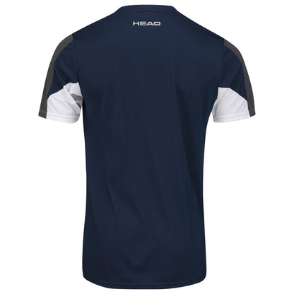 The HEAD Club 22 Men's Tech Tennis T-Shirt in dark blue highlights the brand's name in modest white lettering near the neckline. Made with moisture-wicking technology and Moisture Transfer Microfiber, it boasts sleeves adorned with chic white and dark gray accents.