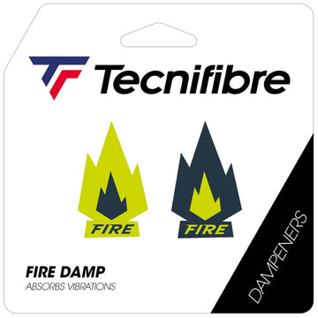 The Tecnifibre Fire Tennis Dampener - 2 Pack features two flame-shaped dampeners (yellow and dark blue) with “FIRE” in front. Packaging highlights its anti-vibration system: "FIRE DAMP ABSORBS VIBRATIONS" and "DAMPENERS.
