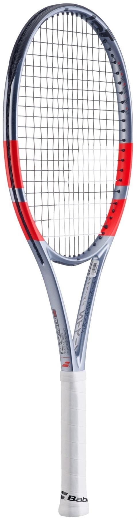The Babolat Pure Strike Team Gen4 Tennis Racket in Carbon Grey stands upright against a white background, featuring a sleek frame and grip, delivering excellent control and forgiveness for every match.