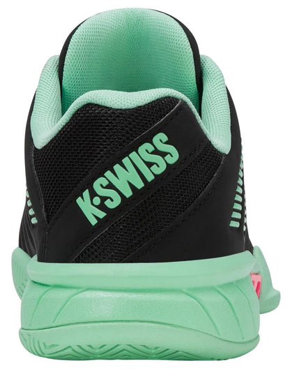 Rear view of the K-Swiss Express Light 3 Womens Tennis Shoes in Black/Neon Mint/Pastel Pink—a lightweight, stylish option from K-Swiss featuring vibrant mint and pink accents for court-ready comfort.