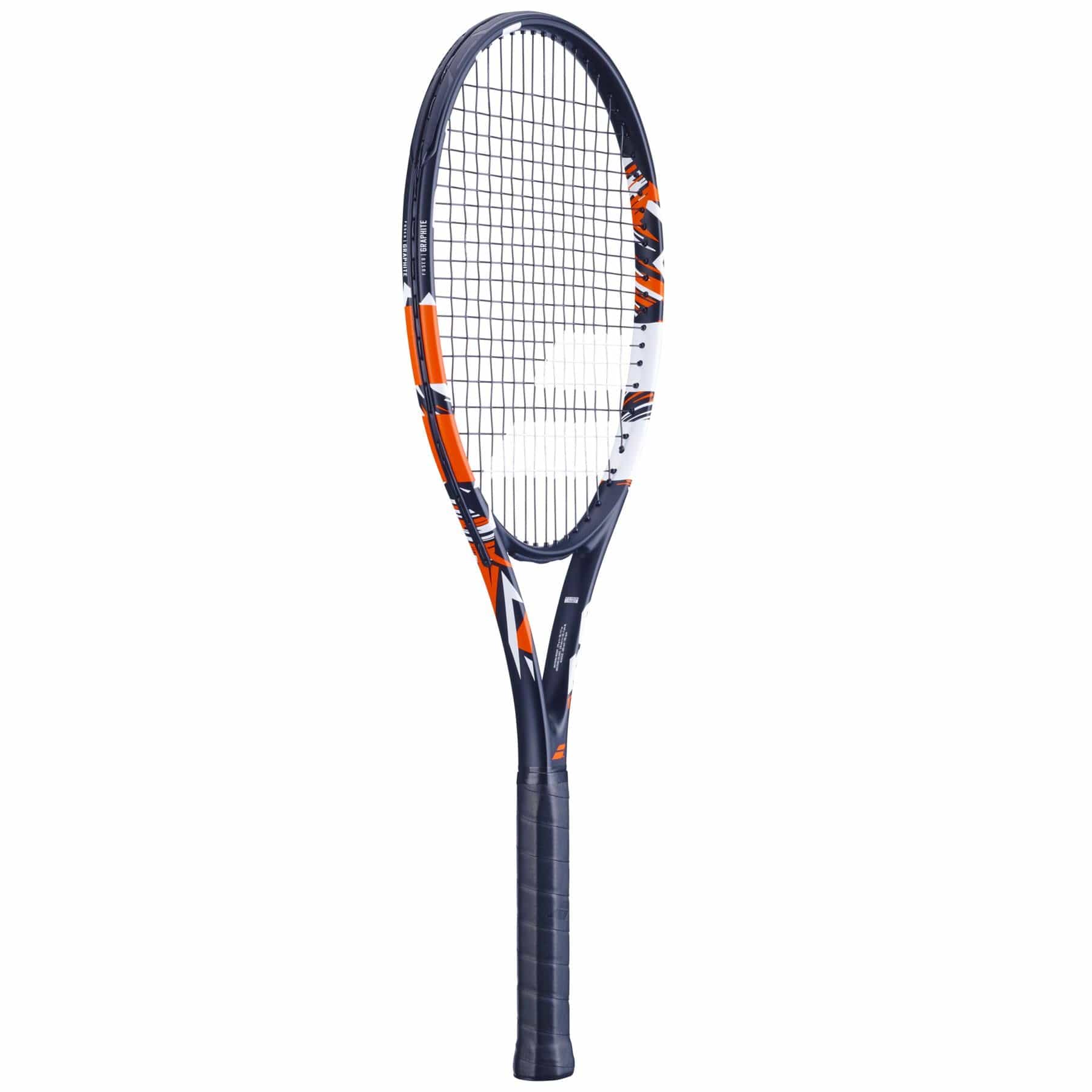 The Babolat Evoke Tour Tennis Racket, branded by Babolat, showcases a stylish design with a black handle and red-black accents on its frame, making it ideal for beginners. The strings are arranged in a traditional grid pattern, and the racket is displayed upright against a pristine white background.