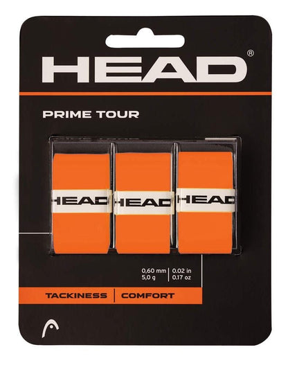 The HEAD Prime Tour Tennis Overgrip pack offers three orange grips with the HEAD logo, delivering excellent tackiness and comfort. They feature a 0.60 mm thickness and weigh 5 g each, making them ideal for enhancing your court performance.