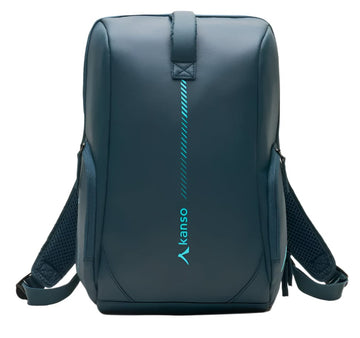 The Kanso Intuko Tennis 23L Backpack by Kanso offers a sleek, modern design with a vertical blue line and the brand name on the front. It has padded comfort straps and a separate compartment for optimal organization, ideal as your everyday companion.