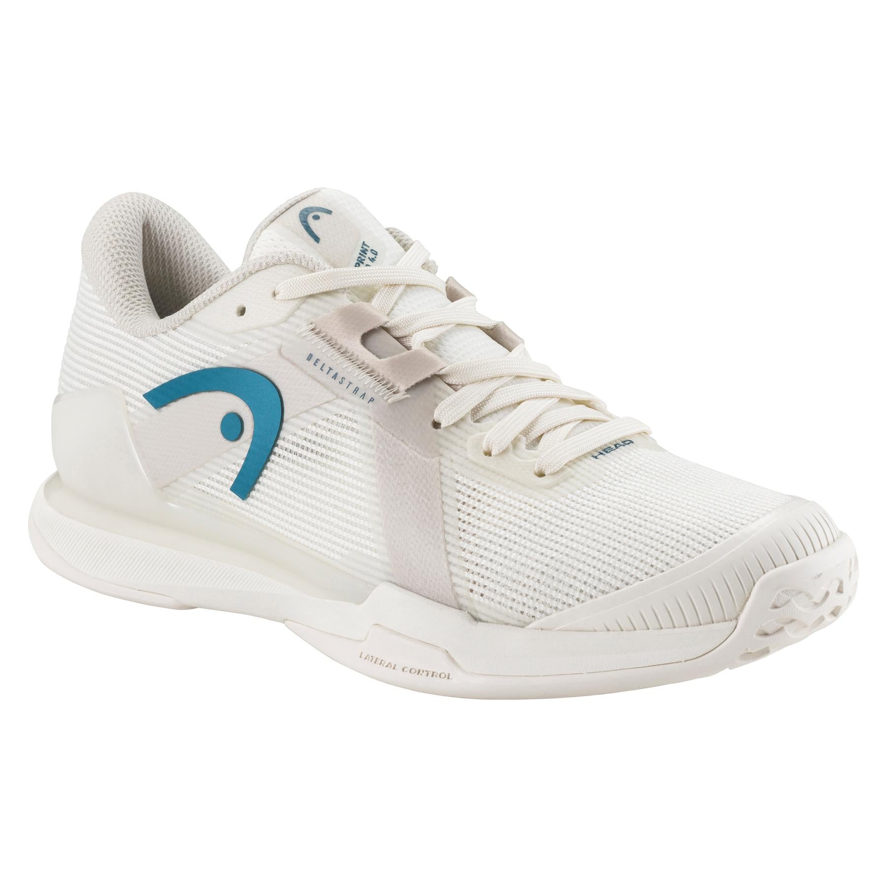 The HEAD Sprint Pro Women's Tennis Shoes in Chalk White/Twilight Blue feature breathable mesh uppers, a padded collar, textured sole for grip, and "Lateral Control" on the midsole for lightweight comfort. These athletic shoes have blue accents, a prominent logo on the side, and white laces.