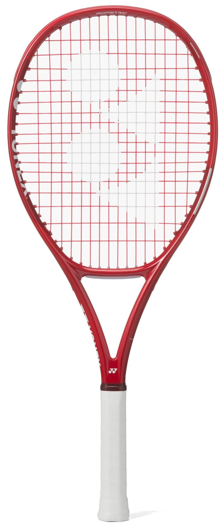 The Yonex VCORE 26 Junior Ruby Red 2026 Tennis Racket is shown vertically against a white background, featuring a white grip, white logo pattern on the strings, and innovative isometric technology.