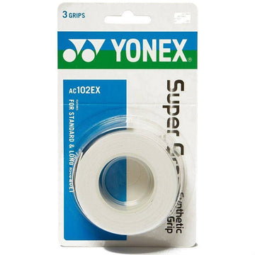 The Yonex AC102EX Super Grap Tennis Overgrip packaging, with its distinctive blue and green text, features a clear plastic window displaying three white grips. The label indicates "AC102EX," emphasizing compatibility with standard and extra-long rackets, while the grips are crafted for superior sweat absorption.