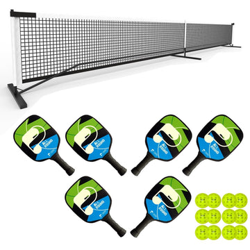 The Pickleball United Education 6 Player Outdoor Pickleball Set by Pickleball United includes a portable net, six paddles with blue and green designs, and outdoor balls—all displayed on a white background.