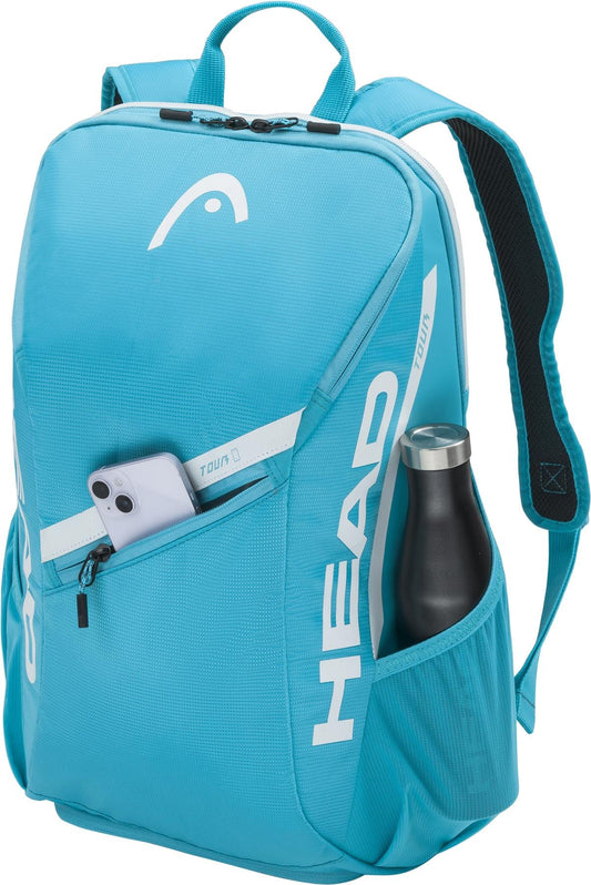The HEAD Tour 25L Tennis Backpack - Blue includes a front zip pocket for your smartphone, a side pocket for a stainless steel water bottle, and features a top handle plus padded shoulder straps for comfort.