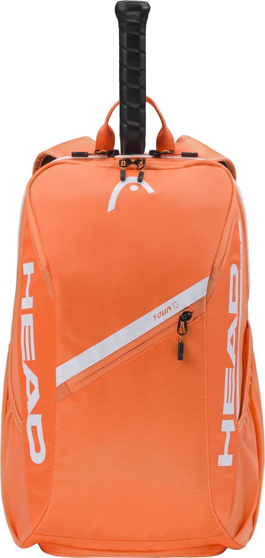 The HEAD Tour 25L Tennis Backpack in orange features white branding, a diagonal zip pocket, and a top compartment designed for carrying your tennis racket.
