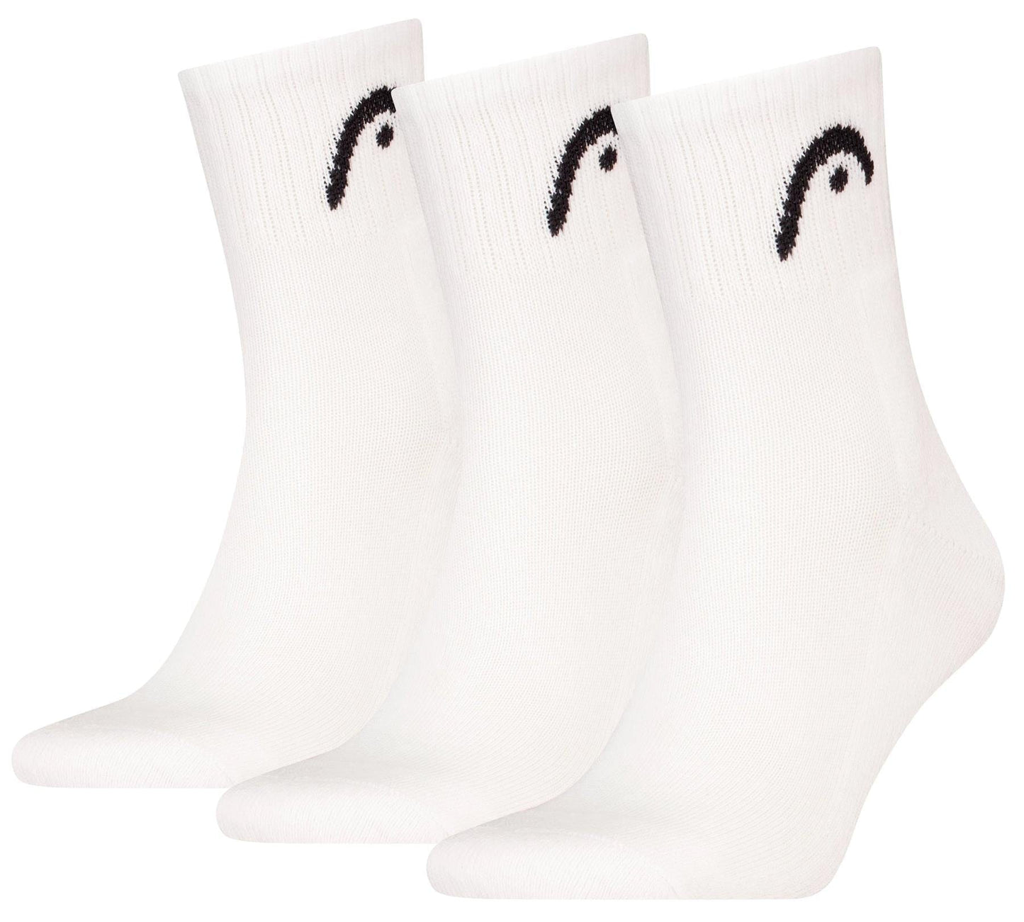 Three pairs of HEAD Club Short Crew Tennis Socks - White (3 Pack) are displayed upright, each featuring a small black HEAD logo near the top and cushioned soles for added comfort.