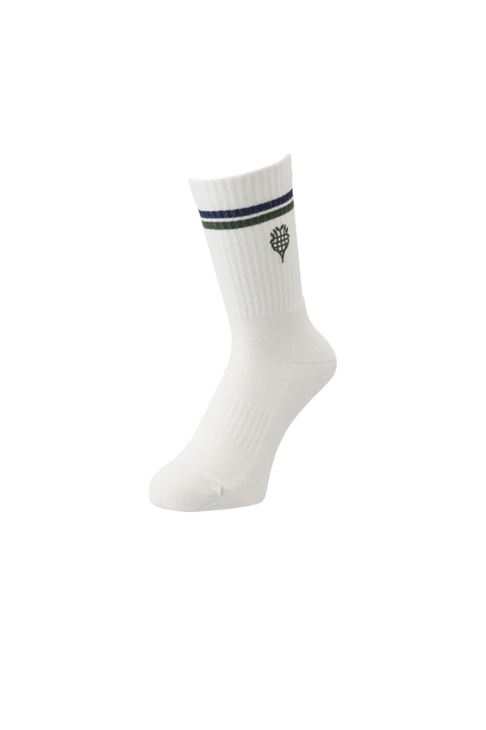 The Yonex Nature Series 19215 Tennis Socks in Off White feature dark blue stripes near the top and a small dark blue embroidered flower logo on the side. Made from recycled polyester, this sock is presented as if standing upright against a plain white background.