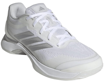The adidas ADIDAS Avacourt 3 Womens Tennis Shoes in white feature light gray stripes, a mesh upper, white laces, and a cushioned sole—ideal for women seeking comfort and style in tennis shoes for sports or casual wear.