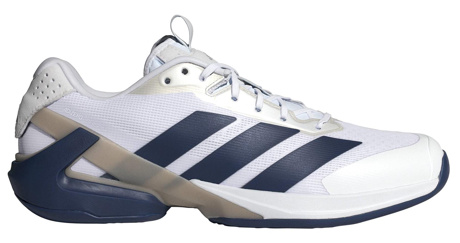 The adidas Adizero Ubersonic 5 Men’s Tennis Shoes feature a white mesh upper, navy blue accents, three dark diagonal stripes, chunky navy and tan sole, and white laces.