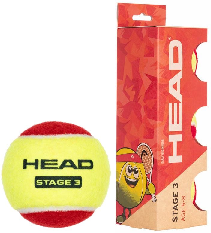 A HEAD 3B Stage 3 Tennis Ball - Red sits beside its box, which displays the HEAD logo and a cartoon tennis ball—making it an ideal beginner tennis ball for kids.