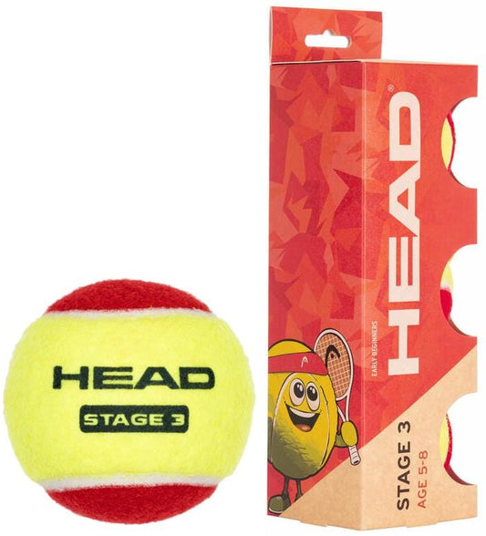 A HEAD 3B Stage 3 Tennis Ball - Red sits beside its box, which displays the HEAD logo and a cartoon tennis ball—making it an ideal beginner tennis ball for kids.