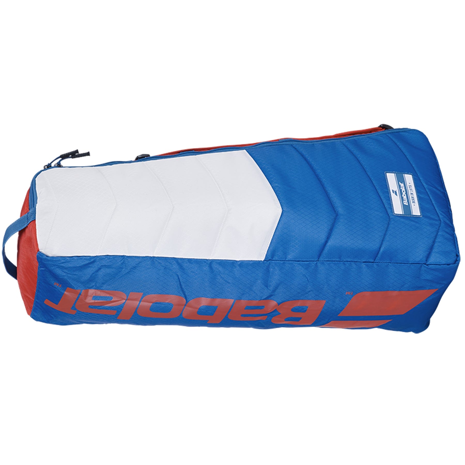 The Babolat RH6 Evo Drive Tennis 6 Racket Bag in White, Blue, and Red showcases a stylish white diagonal stripe with the "Babolat" brand prominently displayed on the side. The bag is designed with a zippered top and detachable shoulder straps, allowing you to conveniently carry up to 6 rackets.