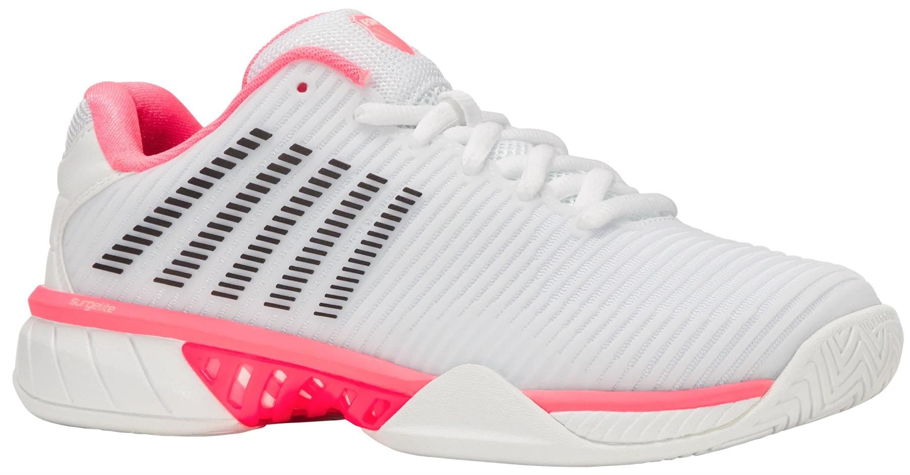 The K-Swiss Hypercourt Express 2 Women’s Tennis Shoes in White/Pastel Pink/Black feature black diagonal stripes, pink accents on the collar and midsole, white laces, a textured white sole, and are designed for cushioning and stability.