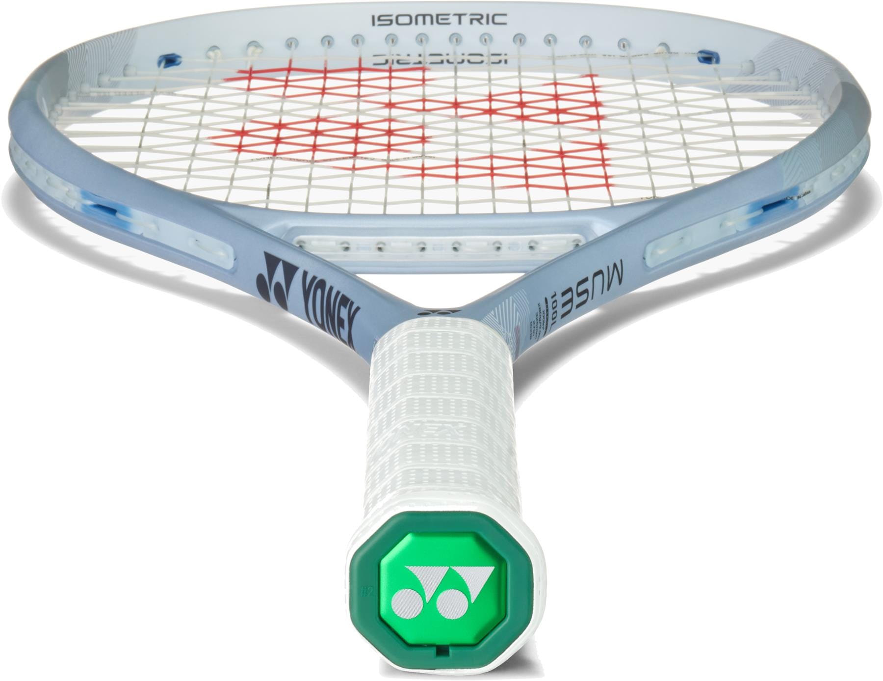 A close-up of the Yonex Muse 100L Tennis Racket by Yonex highlights its white grip, end cap with the Yonex logo, and isometric head with taut strings and red pattern for enhanced forgiveness.