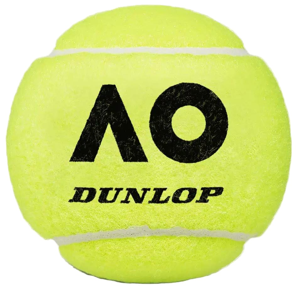 A bright yellow Dunlop Australian Open 2025 Tennis Ball with white seams, a black "AO" logo, and "DUNLOP" below it, reflecting Grand Slam quality. Shown on a plain light background. Sold as a 3 Ball Tube by Dunlop.