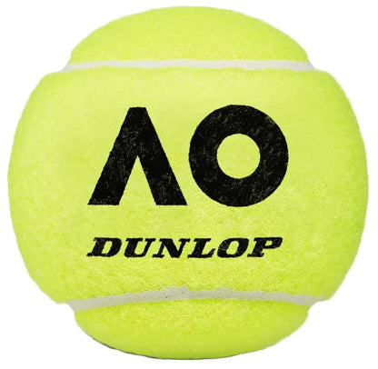 A bright yellow Dunlop Australian Open 2025 Tennis Ball with white seams, a black "AO" logo, and "DUNLOP" below it, reflecting Grand Slam quality. Shown on a plain light background. Sold as a 3 Ball Tube by Dunlop.