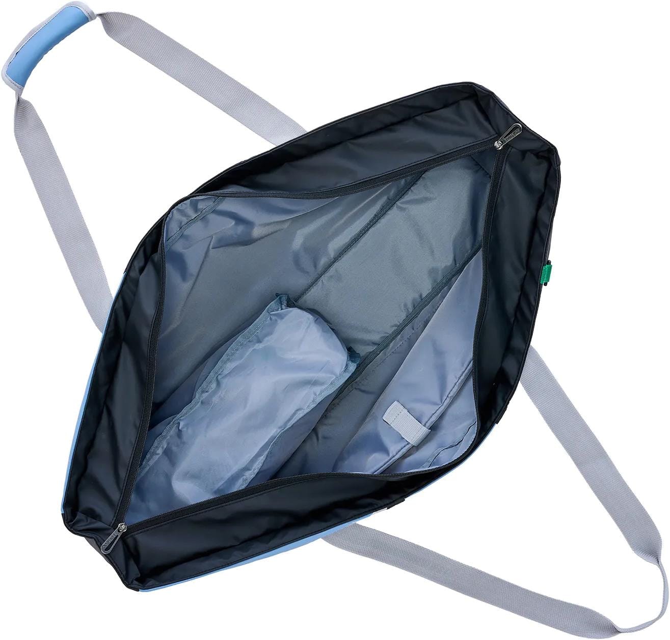 A top-down view of the Yonex BA52531EX Club Tournament Tennis Bag in black and blue, showing light gray straps, a roomy interior with a rolled-up item, a side pocket, and durable material.