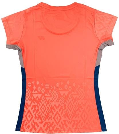 The Yonex YTL11 Womens Tennis T-Shirt - Sunset is a short-sleeved, lightweight performance top featuring subtle geometric patterns, gray sleeve panels, and navy blue side stripes for breathable, quick-drying comfort.