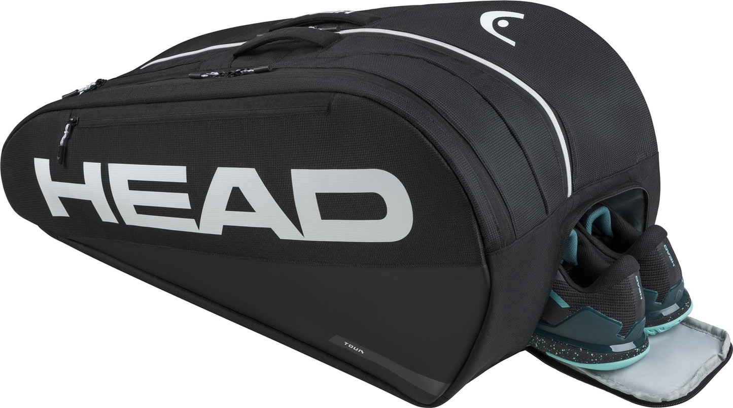 A HEAD Tour 9 Racket Tennis Bag L - Black by HEAD, with a large white logo and a partly open ventilated shoe compartment displaying black and teal athletic shoes.