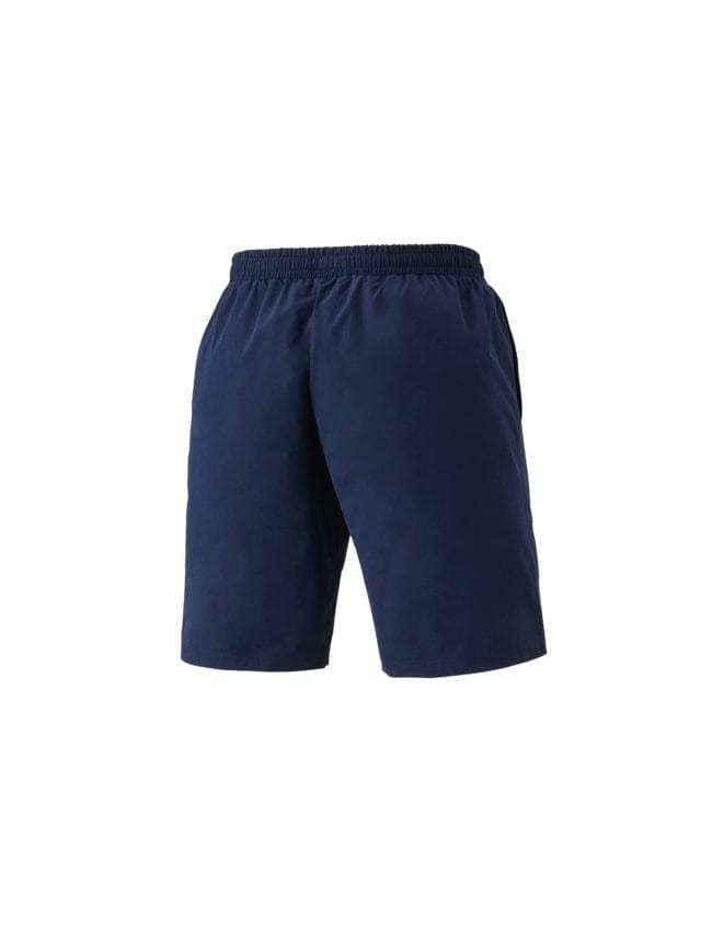 The Yonex 15190EX Lee Chong Wei LCW Shorts in navy blue, showcasing high-performance technologies and an elastic waistband, are displayed on a plain white background.