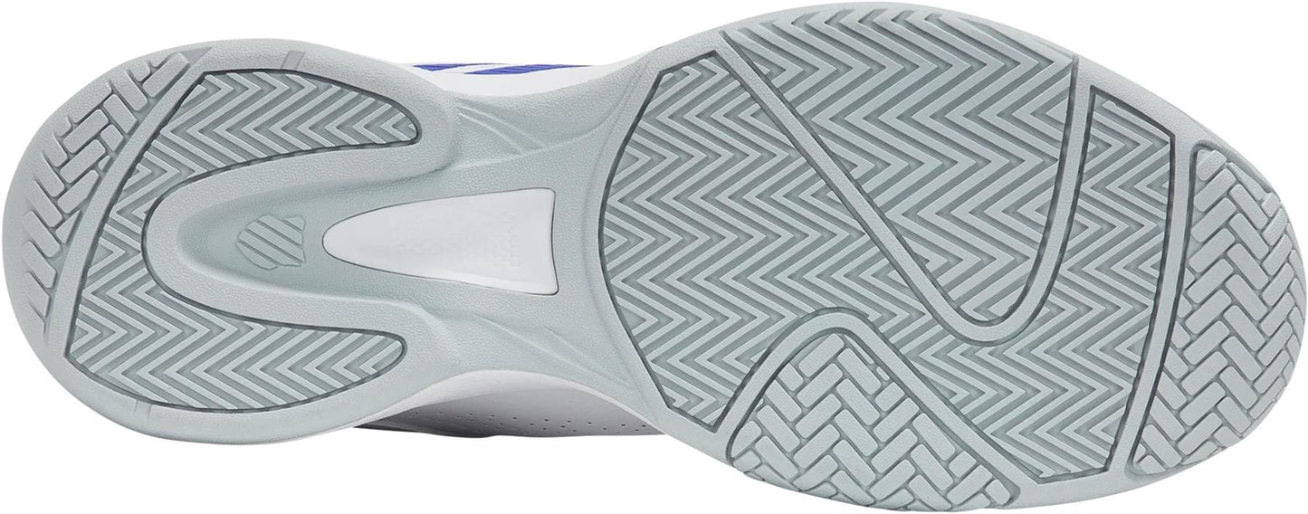 Close-up of the gray and white sole of the K-Swiss Court Express 2 Men's Tennis Shoes in White/Dazzling Blue, featuring a herringbone traction pattern and curved grooves for excellent grip, comfort, and flexibility.