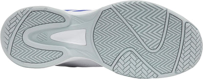 Close-up of the gray and white sole of the K-Swiss Court Express 2 Men's Tennis Shoes in White/Dazzling Blue, featuring a herringbone traction pattern and curved grooves for excellent grip, comfort, and flexibility.