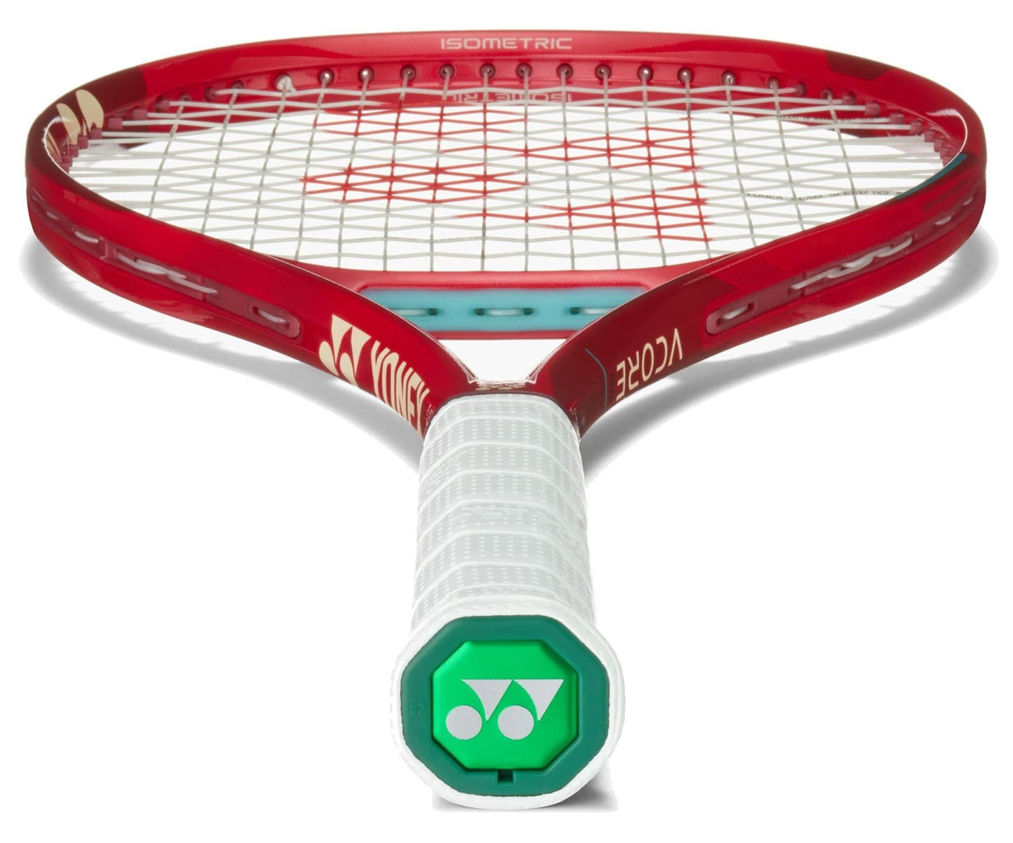 The Yonex VCORE 98 Ruby Red 2026 Tennis Racket is shown from the handle end, featuring a white grip tape and green Yonex logo on the butt cap, ideal for players seeking maximum spin.