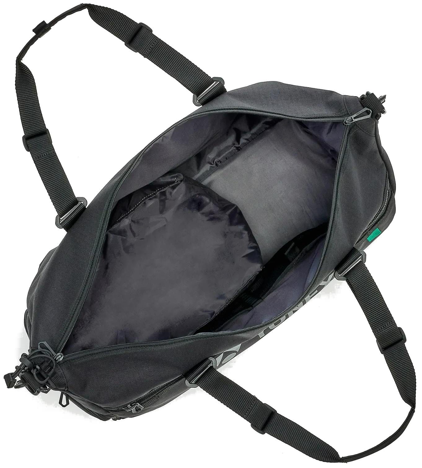 A Yonex BA72611EX Gearlogic Tennis Boston Bag in black is displayed open, showing its spacious, empty main compartment with smooth lining and adjustable shoulder straps.