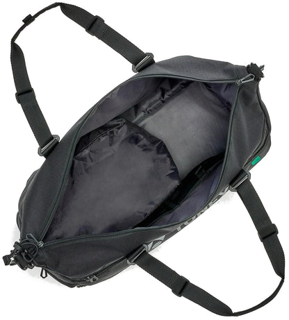 A Yonex BA72611EX Gearlogic Tennis Boston Bag in black is displayed open, showing its spacious, empty main compartment with smooth lining and adjustable shoulder straps.