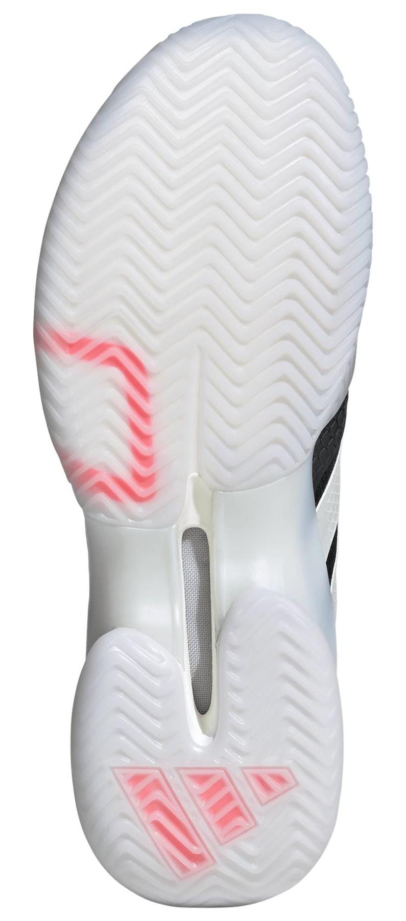 The adidas Barricade 14 Men's Tennis Shoes - Black feature a textured, wavy tread on the underside, translucent sections with pink accents at the toe and heel, and visible arch support—perfect for tennis courts.