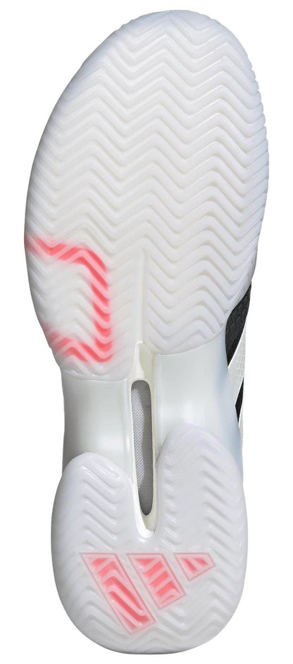 The adidas Barricade 14 Men's Tennis Shoes - Black feature a textured, wavy tread on the underside, translucent sections with pink accents at the toe and heel, and visible arch support—perfect for tennis courts.