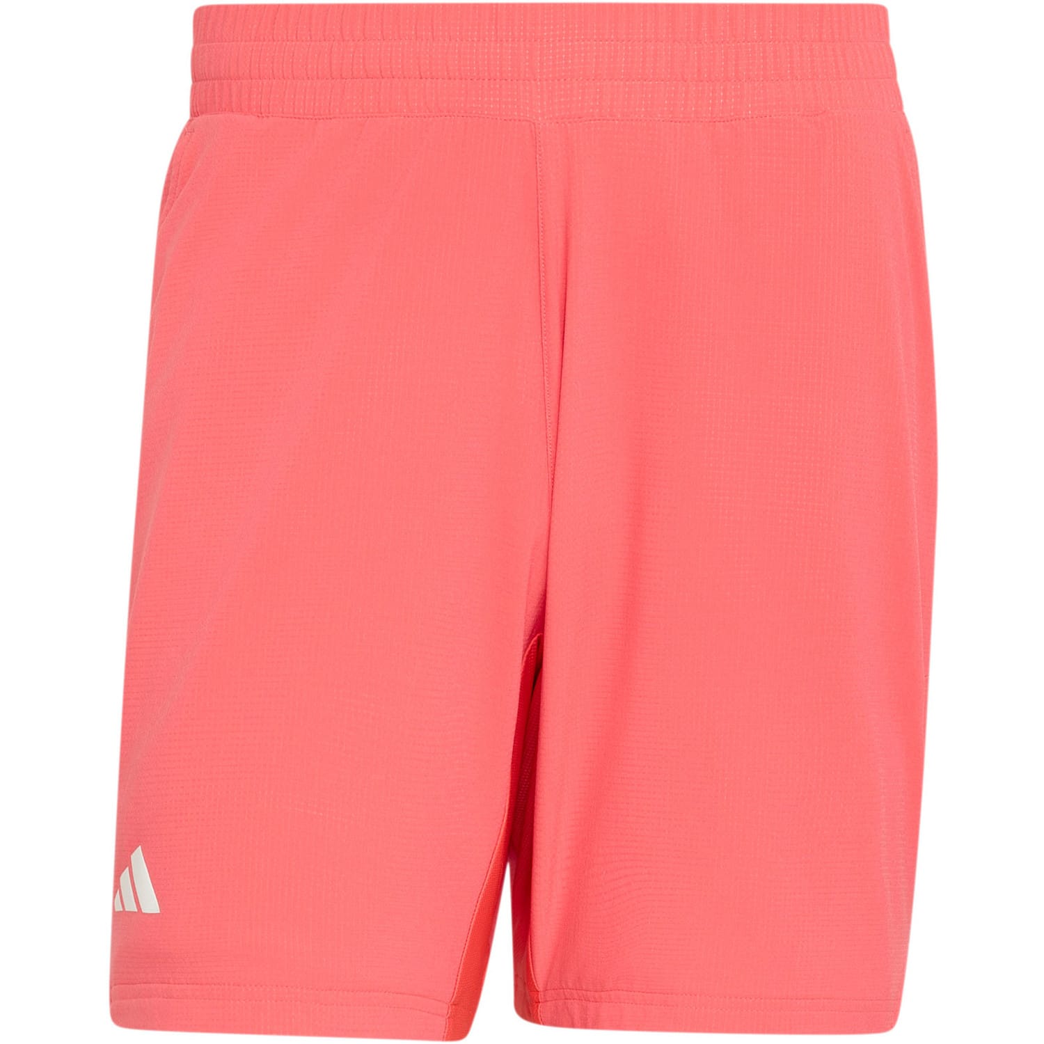 Inspired by the iconic adidas Ergo 9 Inch Men's Tennis Shorts in the Pure Turbo colorway, these bright pink athletic shorts feature an elastic waistband and a small white adidas logo on the left leg. The simple design is showcased against a white background.